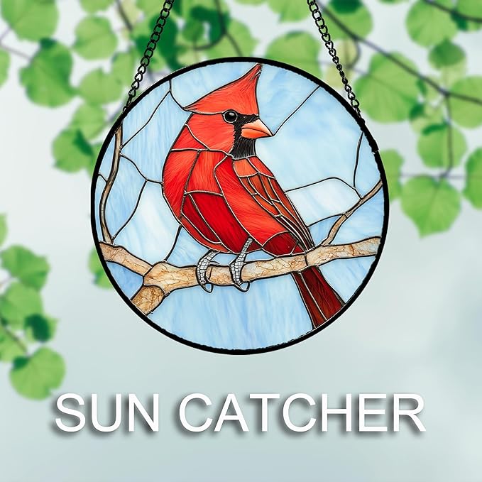 Stained Glass Window Hanging Cardinal Birds 7.8" - Suncatcher Door Garden Sun Catcher Home Decor Christmas Birthday for Bird Lovers Woman Her Nana Wife Men Mom