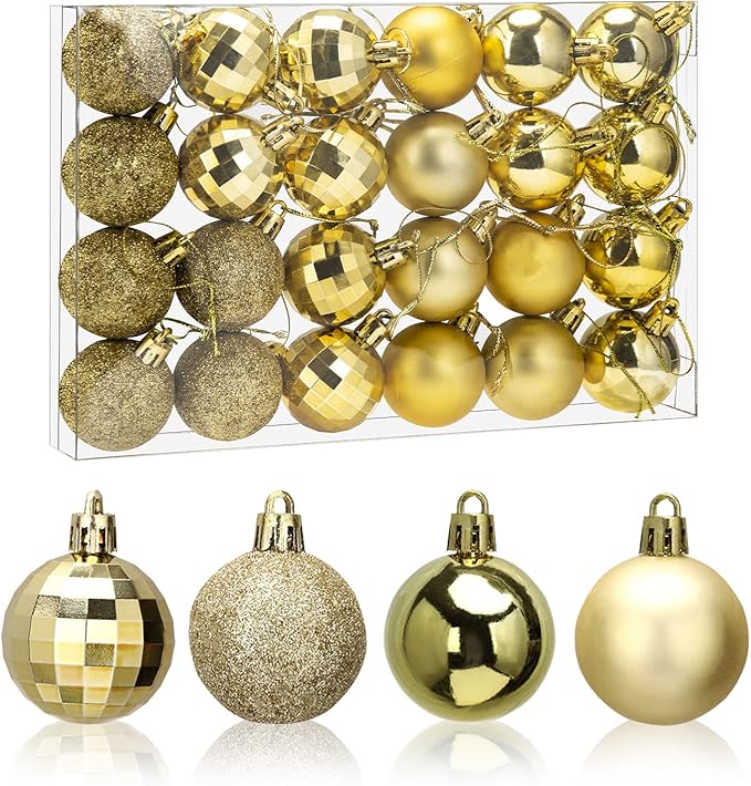 Aitsite 24ct Christmas Tree Ornaments Set 1.57 inches Mini Shatterproof Holiday Ornaments Balls for Christmas Decorations (Gold)