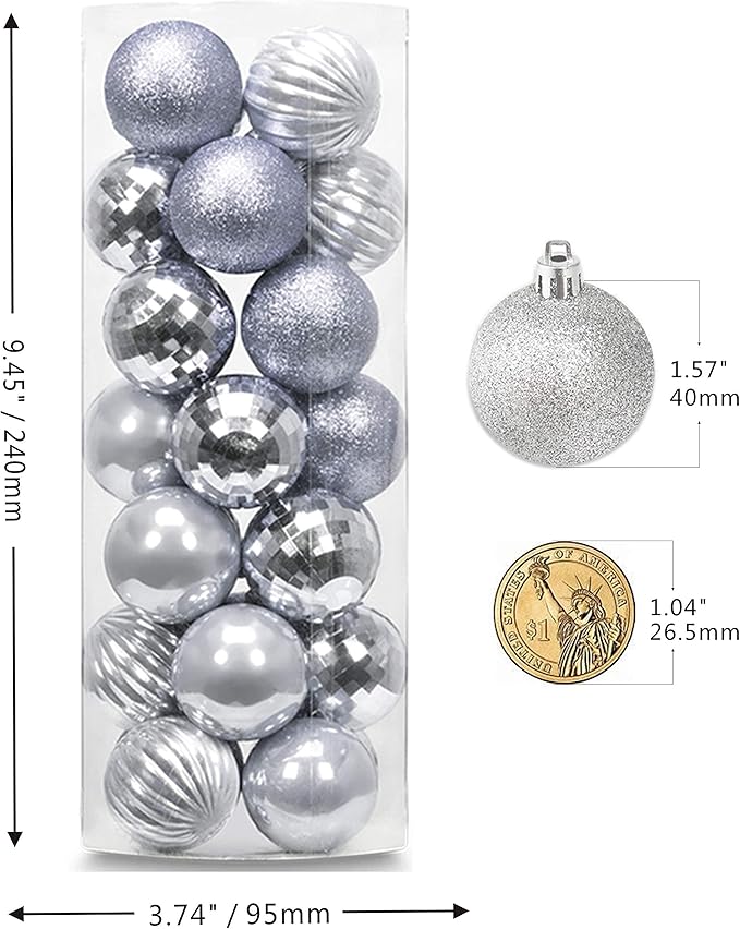 Small Size 28ct shatterproof Christmas Ball Ornaments in 4 Classic finishes for Christmas Tree Decoration (Silver, 1.57“ Mini Size)