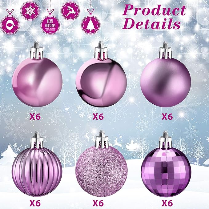 36 Pieces Christmas Ball Ornaments Shatterproof Christmas Decorations Tree Balls for Tree Ornaments Holiday Wedding Party Decoration Hooks 1.57 Inch (Light Purple)