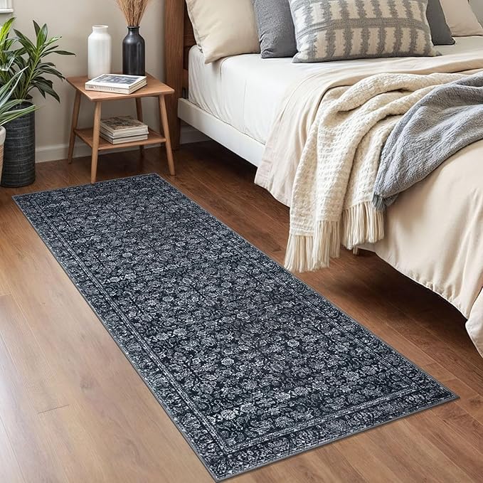 2x5 Washable Runner Rug Black Small Area Rugs for Entryway, Soft Non-Slip Indoor Door Mat Distressed Floral Low-Pile Neutral Vintage Carpet for Entrance Kitchen Bedside Farmhouse