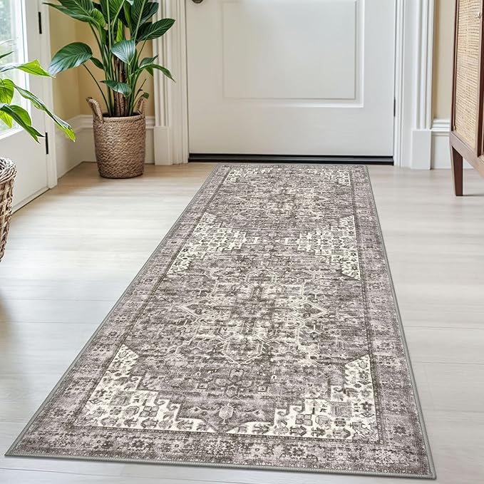 2x5 Runner Rug for Hallways, Taupe Non-Slip Printed Washable Kitchen Runners, Vintage Boho Rugs with Non-Shedding, Soft Medallion Floor Carpet for Laundry Bedroom Entryway