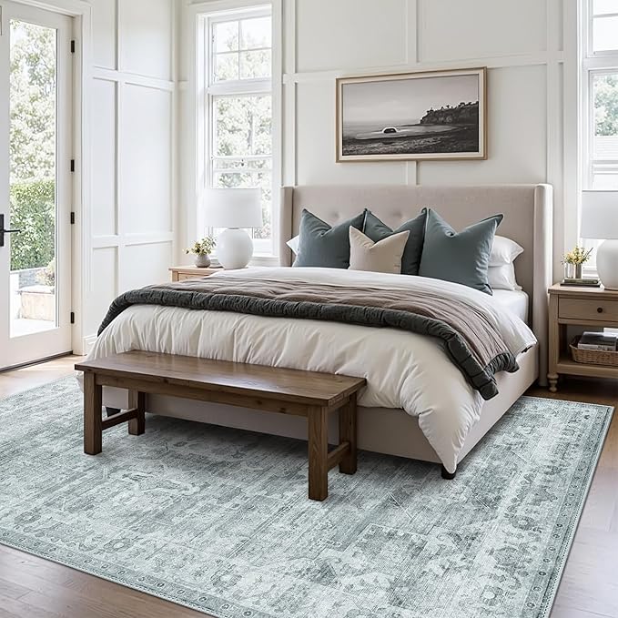 GENIMO Machine Washable 8x10 Area Rugs for Living Room, Non Slip Vintage Rugs, Low Pile Lightweight Chenille Print Rug for Bedroom, Dining Room, Home Office, Blue Gray