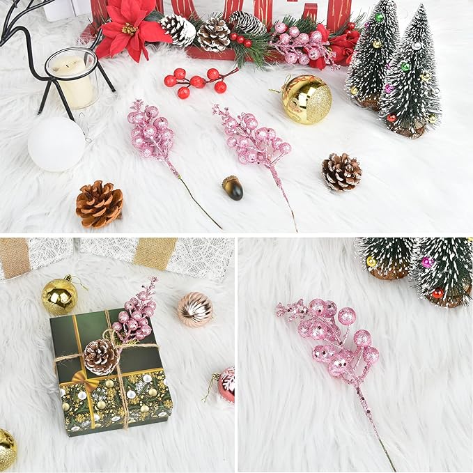 Lvydec 16pcs Christmas Glitter Berry Stems Clearance, 7.8" Artificial Christmas Picks for Christmas Tree Ornaments, DIY Xmas Wreath, Crafts, Holiday and Home Decor (Pink)
