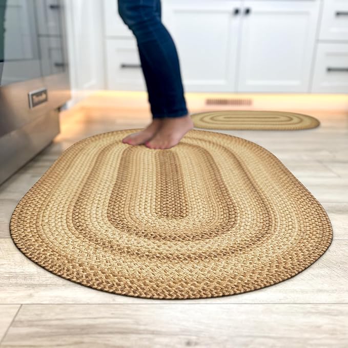 Homespice Cookie Dough Oval Braided Rug 27x45 - Jute Braided Brown Kitchen Rug for Rustic Decor, Durable and Low Maintenance No-Shed Jute