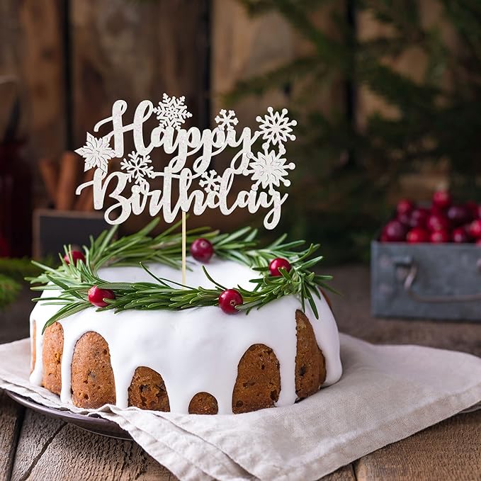 Gyufise 1 Pack Snowflake Happy Birthday Cake Topper Glitter Winter Wonderland Cake Pick Winter Frozen Theme Cake Decorations Birthday Theme Party Christmas Baby Shower Decoration Supplies White