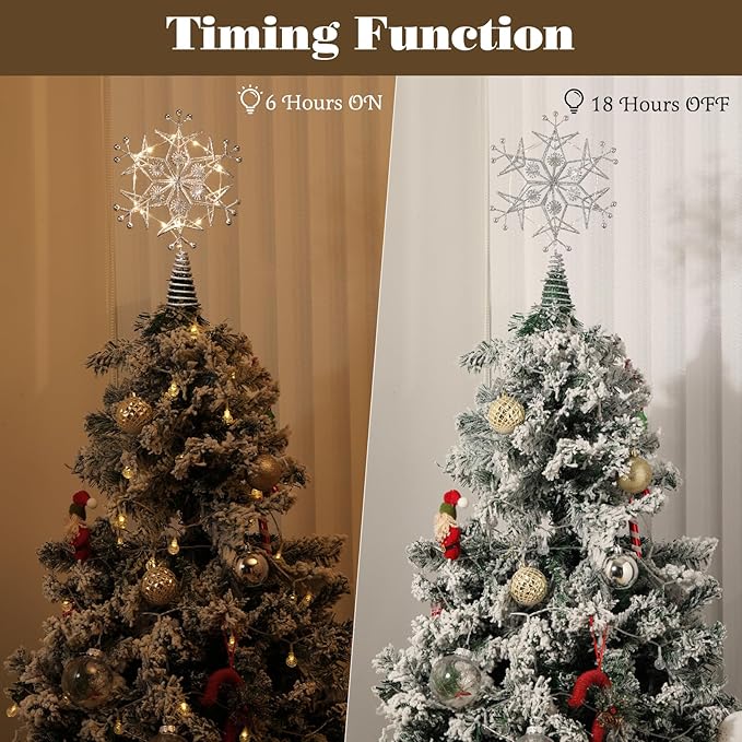 Lewondr Christmas Tree Topper, Metal Frame Snowflake Christmas Tree Topper with 15 Light Beads, USB Powered & Remote Control Tree Topper Snowflake with 6H Timer, Xmas Tree Decor for Holiday Home Decor
