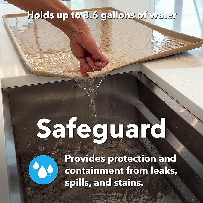 XTREME MATS Waterproof Undersink Mat (Beige 37" 1/4 x 19 1/4) Cabinet Base Liner for Bathroom Vanity Cabinets Catches Leaks Prevents Damage Flexible Driptray
