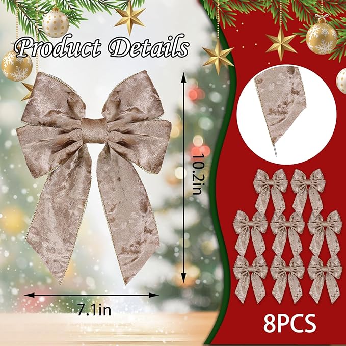 8 Pieces Christmas Wreath Bow, Christmas Bows Champagne Farmhouse Bow New Year Tree Topper Ornament for Home Front Door Decorations