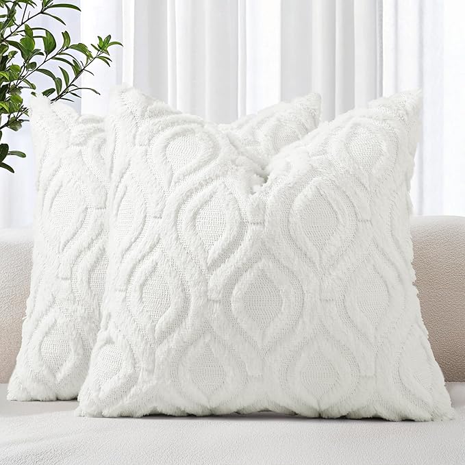 decorUhome Throw Pillow Covers 22x22 Inch Set of 2, Soft Plush Faux Wool Cream Beige Solid Couch Pillow Covers, Accent Farmhouse Neutral Square Pillow Cases for Sofa Bed Living Room