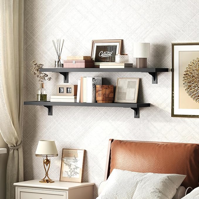 HOOBRO Floating Shelves for Wall, 31.5" Wall Mounted Shelves Set of 2, Hanging Storage Shelf with Metal Brackets, Wooden Shelf for Living Room, Bedroom, Bathroom, Black BK82BJP201G1