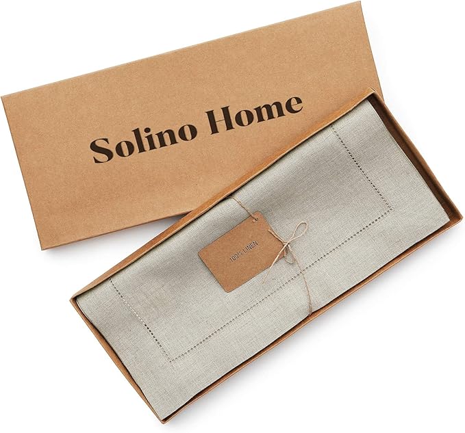 Solino Home Linen Natural Table Runner 144 Inches Long - 100% Pure Linen Extra Long Table Runner 14 x 144 Inch for Spring, Easter - Classic Hemstitch