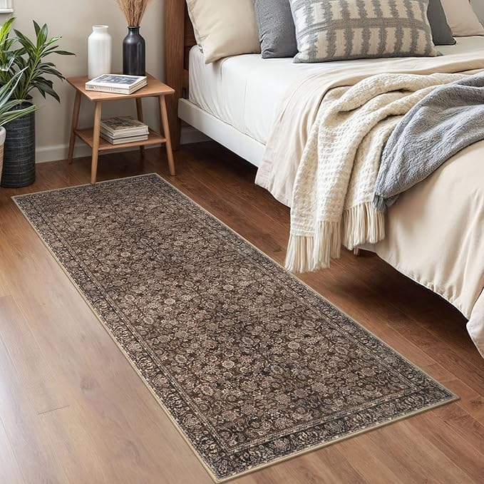2x5 Washable Rug Rust Reddish Brown Small Area Rug for Entryway, Soft Non-Slip Indoor Door Mat Distressed Floral Low-Pile Kitchen Rugs, Neutral Vintage Carpet for Entrance Bedside Farmhouse