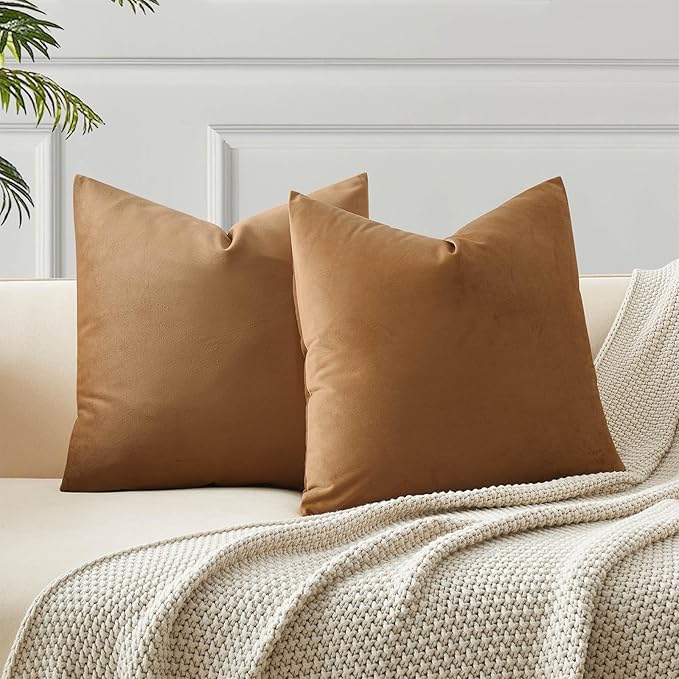 JUSPURBET Light Brown Throw Pillow Covers Set of 2 Decorative Velvet Pillow Covers for Couch Sofa Bed Soft Cushion Covers Cases with Invisible Zipper for Living Room Home Decor 16x16 inch