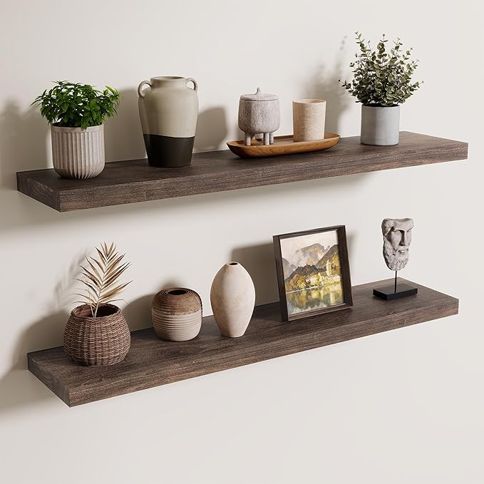 Axeman Floating Shelves for Wall, 8 Inch Deep Rustic Solid Elm Wood Wall Shelves for Storage, Wall Mounted Display Shelving with Invisible Heavy-Duty Metal Bracket, 36'' Width Set of 2, Walnut