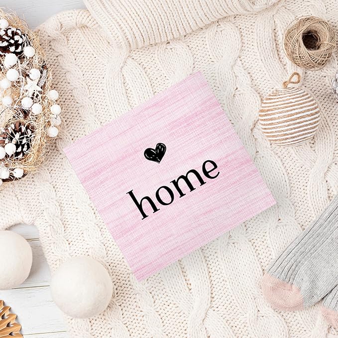 Home Sign, Home Signs for House Decor, Welcome Sign, Rustic Farmhouse Desk Decor Wood Block Box Plaque for Living Room Wall Shelf, Housewarming Gifts (Pink)