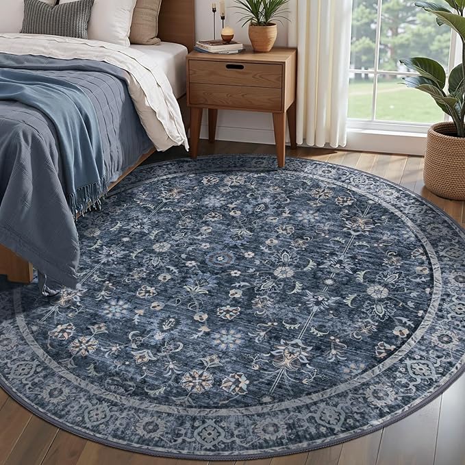 Tangsoo Vintage Round Rug 3ft Washable Circle Rug, Non Slip Small Boho Round Rug, Low Pile Floral Circular Rugs, Machine Washable Round Carpet for Bedroom,Entryway,Nursery,Dorm,Kitchen,Office,Blue