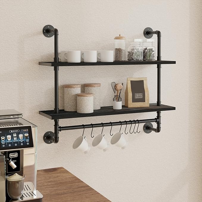ROGMARS Industrial Pipe Shelving Pine Wood Floating Shelves for Wall, 30 inch Kitchen Wall Mounted Shelves Bathroom Shelves with Towel Bar Coffee Bar Shelf with Hooks for Living Room Bedroom