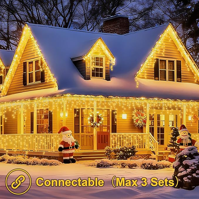 YEGUO 66ft 800 LED Icicle Lights Outdoor, 160 Drops Icicle Christmas Light Connectable, 8 Modes Warm White Xmas Icicle Lights with Memory Timer