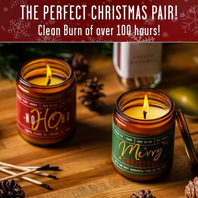 Christmas Candles for Holiday Set of 2 - 'Ho Ho Ho' Christmas Scented Candles, w/Clove, Orange & Cinnamon Candle I Stocking Stuffers for Women I 9oz Reusable Jar, 50Hr Burn, USA Made