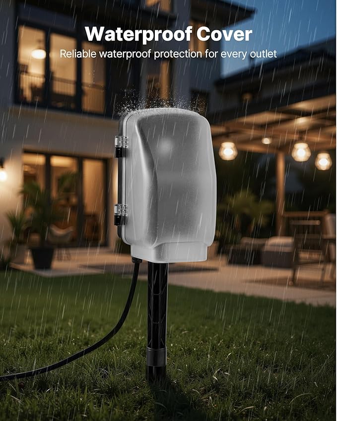 VEVOR Outdoor Power Stake Waterproof, 100 FT Extension Cord, Outdoor Power Strip, Weatherproof with Cover and Overload Protection, 6 Outlets, 13A/1625W for Halloween/Christmas Lights Decorations