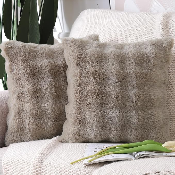MADIZZ Pack of 2 Thick Plush Wool Throw Pillow Covers 24x24 Inch Taupe Soft Neutral Decorative Throw Pillows Accent Boho Cushion Covers for Couch Sofa Bedroom Pillow Shell