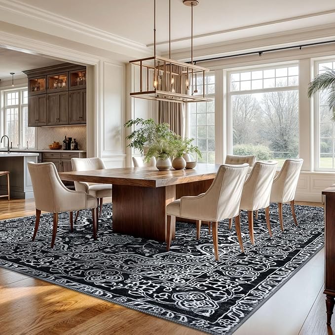 KUTA Area Rugs 9x12 Living Room, Vintage Medallion Washable Large Rug for Bedroom 9ft x 12ft Non-Slip, Black Ultra Soft Printed Modern Floral Distressed Low-Pile Dining Room Carpet