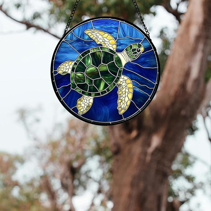 Stained Glass Window Hanging 4 Pcs Set Blue Ocean Turtle Dolphin 6.3" - Marine Life Suncatcher Garden Sun Catcher Decor Birthday Mother's Day for Mom Woman Nana Men