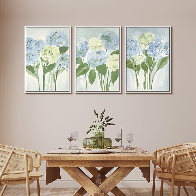 MUDECOR Framed Wall Art Print Set Blue Hydrangea Floral Botanical with Green Leaves Illustrations Modern Art Boho Decorative Colorful Chic for Living Room, Bedroom, Office - 16"x24"x3 White