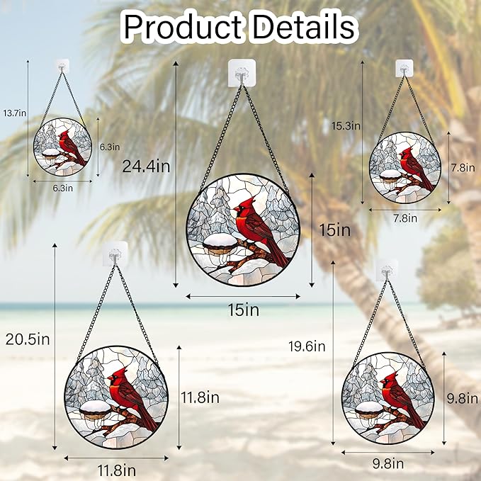 Stained Glass Window Hanging Cardinal Bird Winter Snow Scene 7.8" - Suncatcher Door Garden Sunroom Sun Catcher Home Decor Birthday Christmas for Mom Men Woman Nana