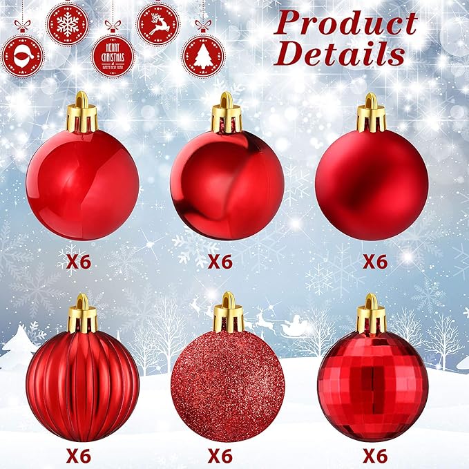 36 Pieces Christmas Ball Ornaments Shatterproof Christmas Decorations Tree Balls for Tree Ornaments Holiday Wedding Party Decoration Hooks 1.57 Inch (Red)