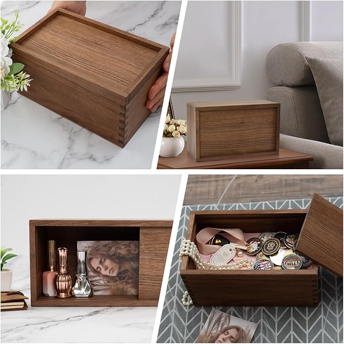 Wood Box with Slide Lid, Walnut Wooden Storage Box, 9.65'' x 5.71'' x 4.8'' Wooden Decorative Box for Keepsakes Valuables Accessories