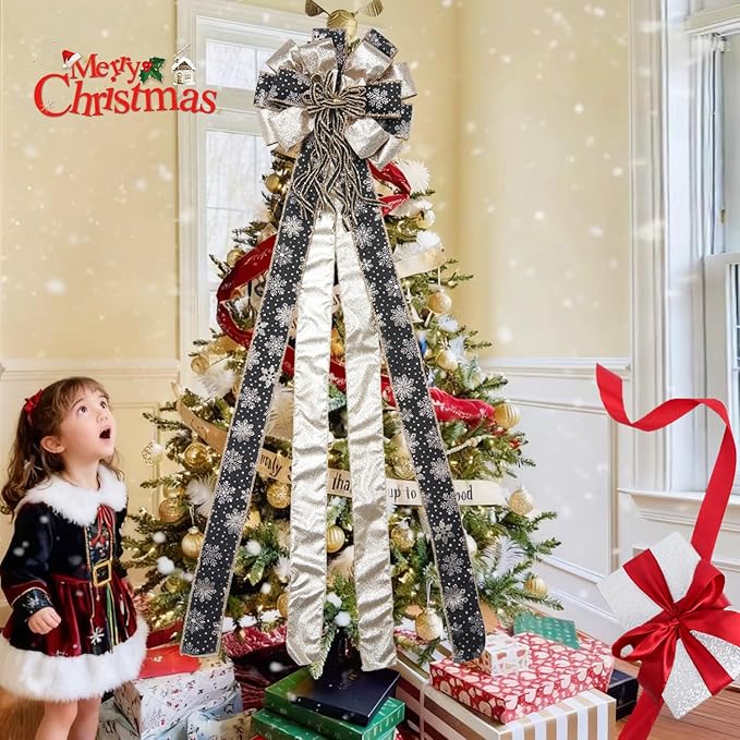Christmas Tree Topper Bow, 43" Christmas Wreath Bows Black and Gold Ribbon Ornaments with Tassels Snowflakes and Glitter, Home Decor for Holiday Xmas Decoration Home Parties Wedding Gift
