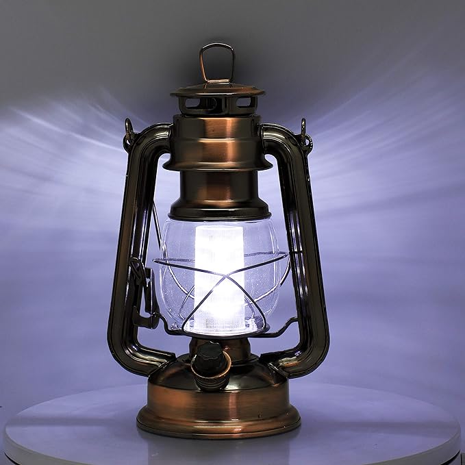 YAKii LED Vintage Lantern Metal Hanging Hurricane 12 LED Dimmer Switch Cold White Battery Operated Power Outage Indoor Camping Lighting Outdoor Brooklyn (Copper 2 Pack)