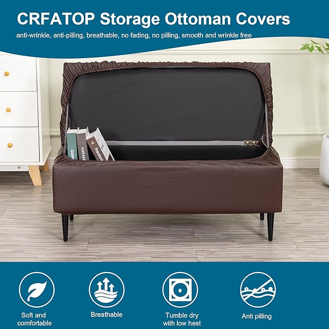 CRFATOP Waterproof PU Ottoman Stool Cover Stretch Folding Storage Footstool Bench Slipcovers Upholstered Foot Chest Chair Covers Washable Entryway Furniture Protector with Elastic Bands,M,Coffee