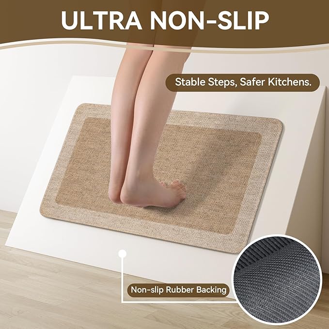 Non Slip Kitchen Mat Washable, Absorbent Kitchen Mats for Floor, Soft Woven Standing Floor Mat Sink Mat, Rubber Backing Runner Rugs for Kitchen, Sink and Laundry, Easy to Clean, 17"×30", Brown