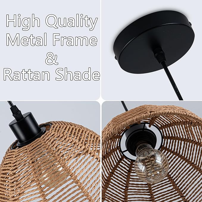 Boho Rattan Pendant Lights Vintage 2-Pack Farmhouse 9.84" Dome Hand Woven Bamboo Pendant Light Fixture Retro Boho Pendant Lighting for Kitchen Island, Bedroom, Dining Room, Hallway