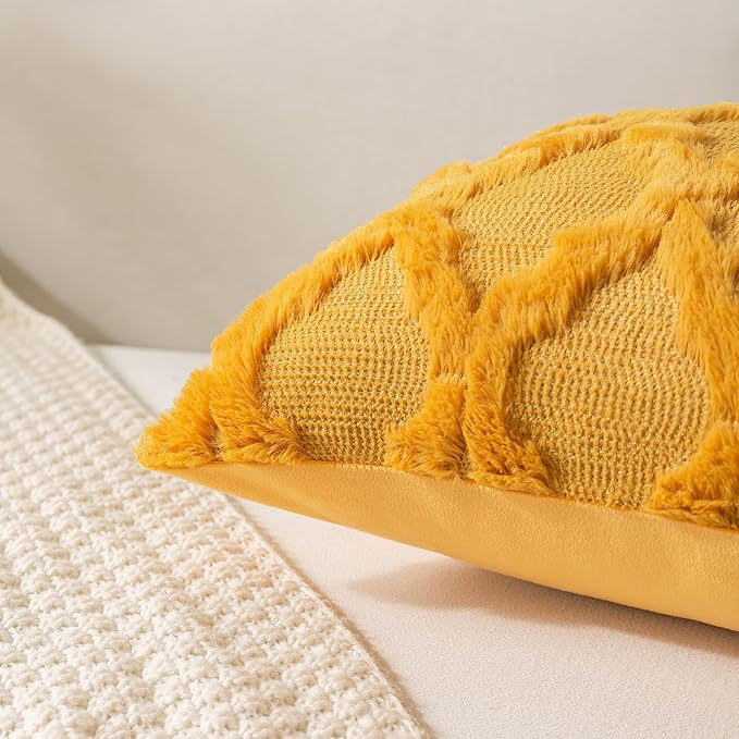 Set of 2 Soft Moroccan Throw Pillow Covers 24x24 Inch Plush Boho Decorative Pillow Cover Accent Cushion Case for Couch Sofa Bed, Mustard Yellow