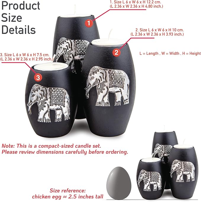 IYARA CRAFT Elephant Candle Holder Set – 3 Handmade Wood Tealight Holders with Tray, Rustic Black Home Décor, Cozy Holiday Centerpiece & Thoughtful for Women, Mom, Housewarming