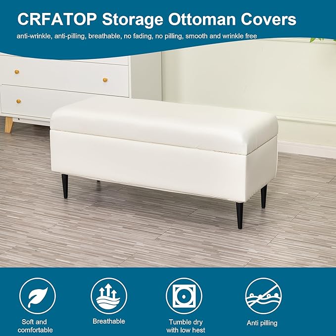 CRFATOP Waterproof PU Ottoman Stool Cover Stretch Folding Storage Footstool Bench Slipcovers Upholstered Foot Chest Chair Covers Washable Entryway Furniture Protector with Elastic Bands,L,White