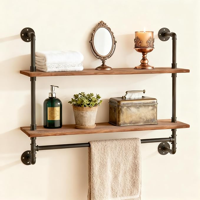 ROGMARS Industrial Pipe Shelving Bathroom Shelves with Towel bar, 30 in Rustic Floating Shelves Pipe Wall Shelf with Hooks for Living Room,Kitchen