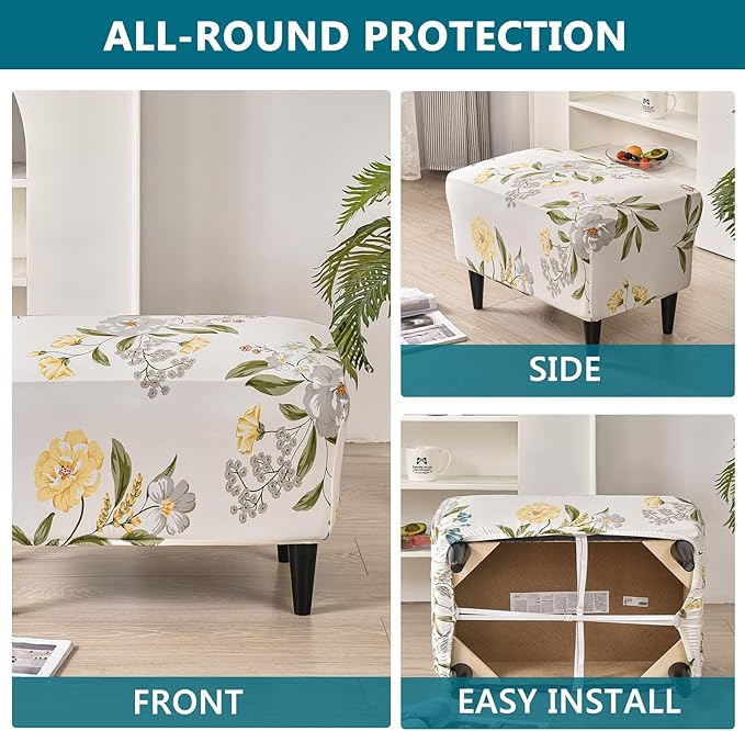 KRFOONN Ottoman Slipcovers Stretch Rectangle Footrest Stool Covers Printed Ottoman Cover for Foot Stool Furniture Protector with Non Slip Elastic Bottom(25, Large)