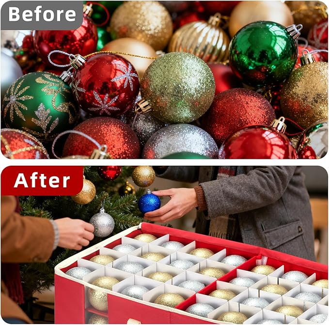 JY COOKMENT Christmas Ornament Storage Box with Adjustable Dividers, Large Holiday Ornaments Storage Container Bin with Zippered Top for Xmas Decorations (128-3" Balls, Red, Without Tray)