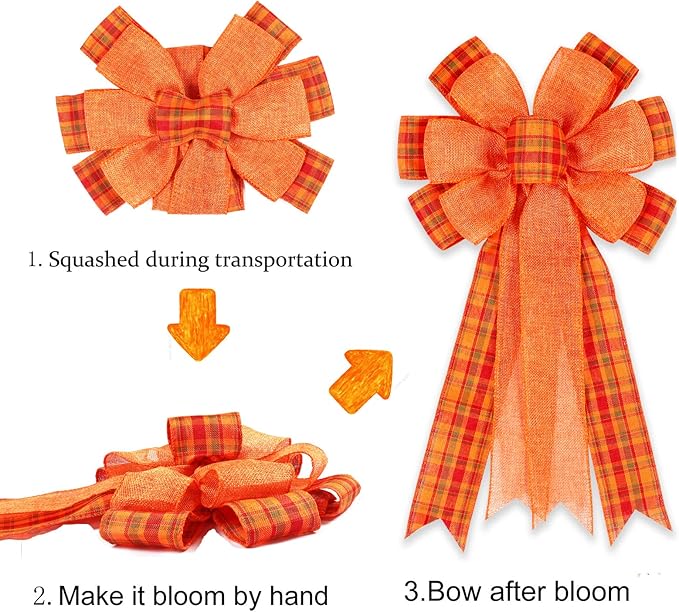 2 Pack Fall Bows for Wreaths Decorations for Home, Halloween Tree Topper Bow, Thanksgiving Bow with Orange Buffalo Plaid Burlap Front Door Outdoor