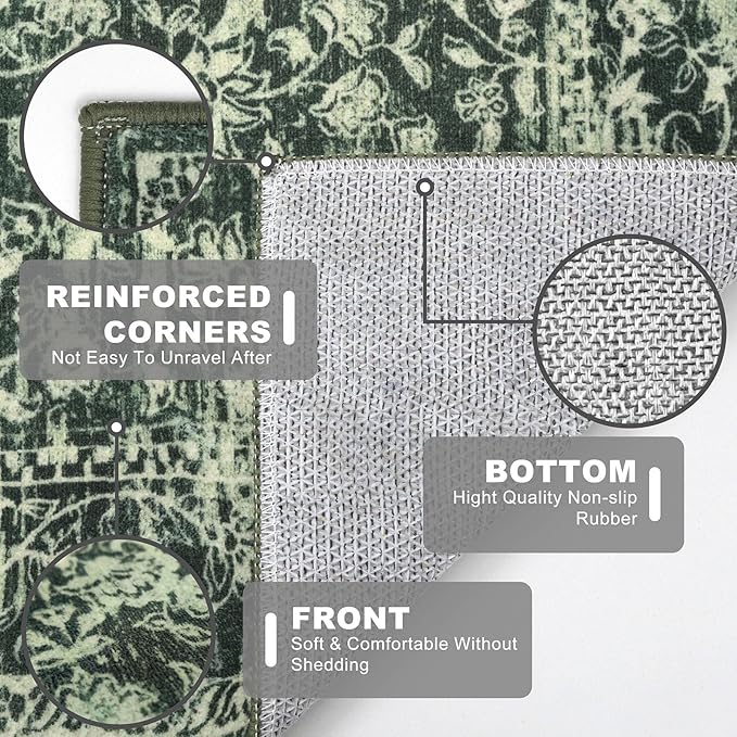 KILOCOCO Hallway Runner 2x6 Rug Runner Printed Vintage Floral Washable Kitchen Runners Non-Slip Rubber Backed Runners for Hallways Laundry Room Distressed Boho Rugs for Entryway Bedroom, Green