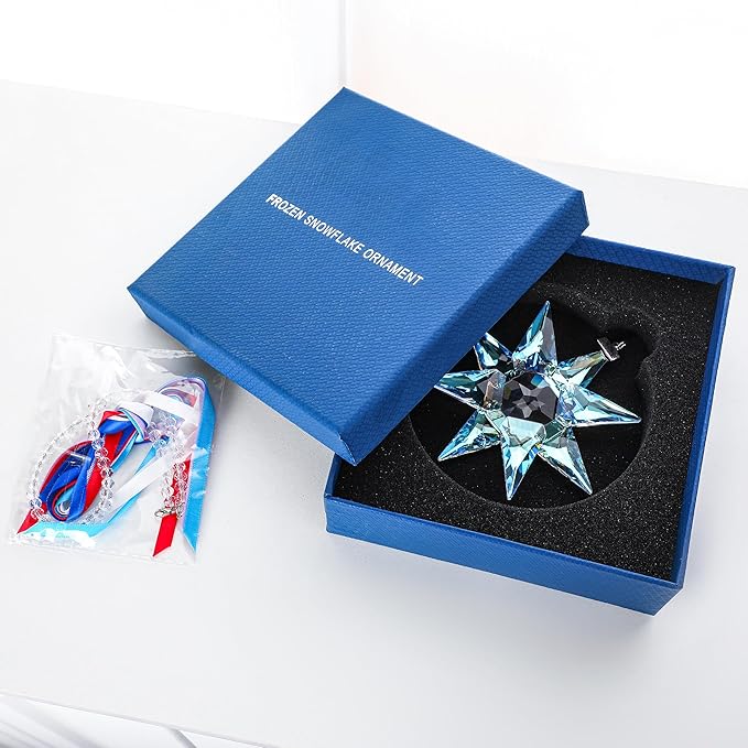 2025 Annual Crystal Christmas Ornaments Glass Snowflake Star for Tree Window Hanging with Bead Chains and Ribbons