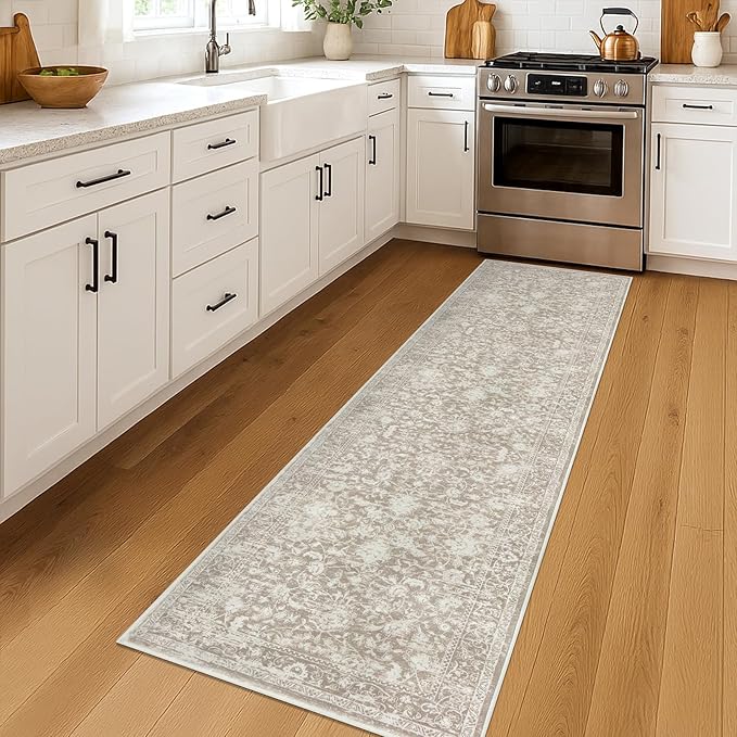 KILOCOCO Hallway Runner 2x7 Rug Runner Printed Vintage Floral Washable Kitchen Runners Non-Slip Rubber Backed Runners for Hallways Laundry Room Distressed Boho Rugs for Entryway Bedroom, Beige