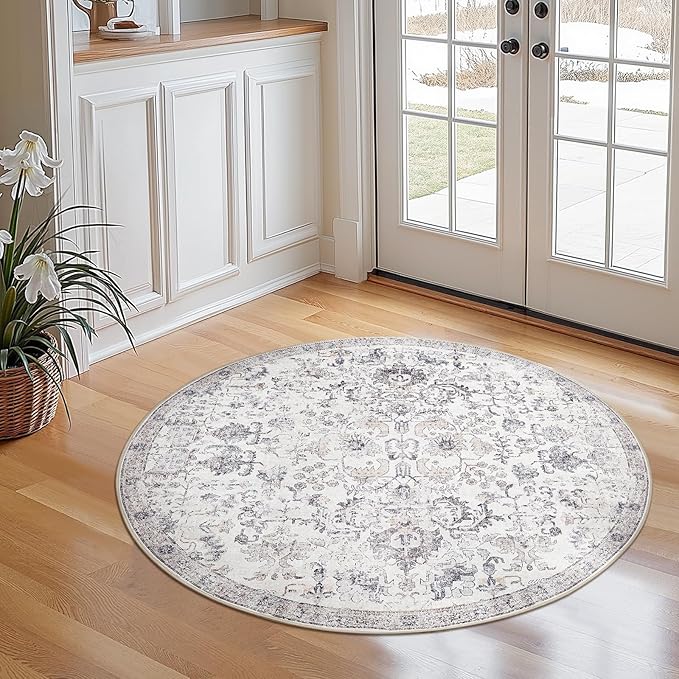 jinchan Kalen Round Rug 4ft Area Rug Washable Vintage Indoor Retro Entryway Floor Cover Distressed Gray Floral 4' Round Circle Boho Non Slip Thin Carpet for Bedroom Living Room Dining Room Grey