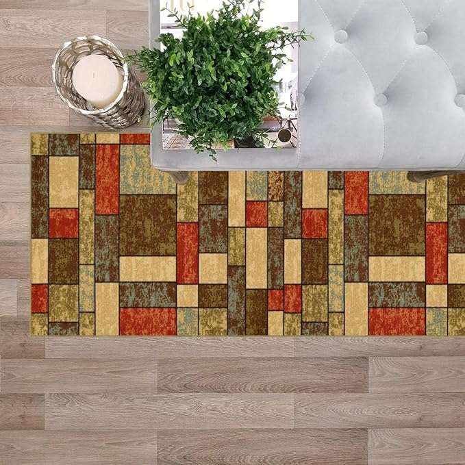 Kapaqua Custom Size Multicolor Stone Boxes Rubber Backed Non-Slip Hallway Stair Runner Rug Carpet 22 inch Wide Choose Your Length 22in X 11ft