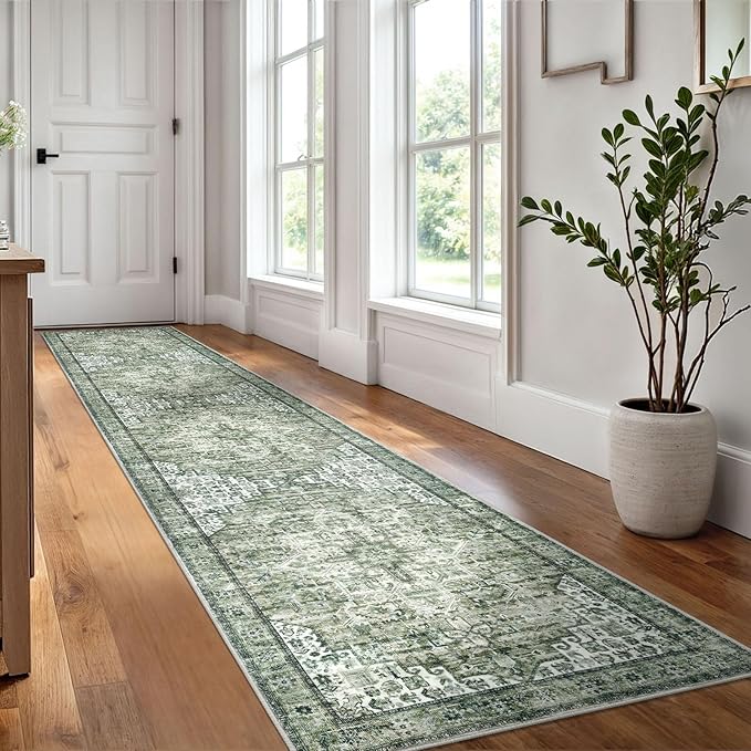 2.6x12 Washable Rug for Entryway, Green Soft Printed Area Rug, Non-Slip Kitchen Rugs, Low-Pile Medallion Indoor Door Mat, Small Farmhouse Carpet for Entrance Kitchen Foyer Bedside